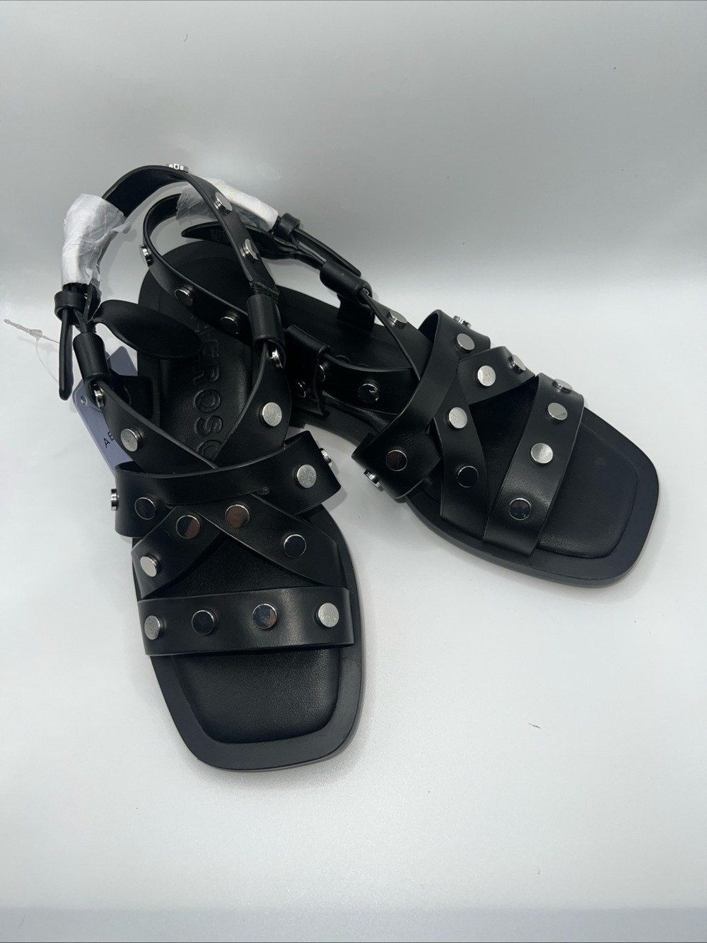AEROSOLES Black Studded Strappy Sandals with Ankle Buckle